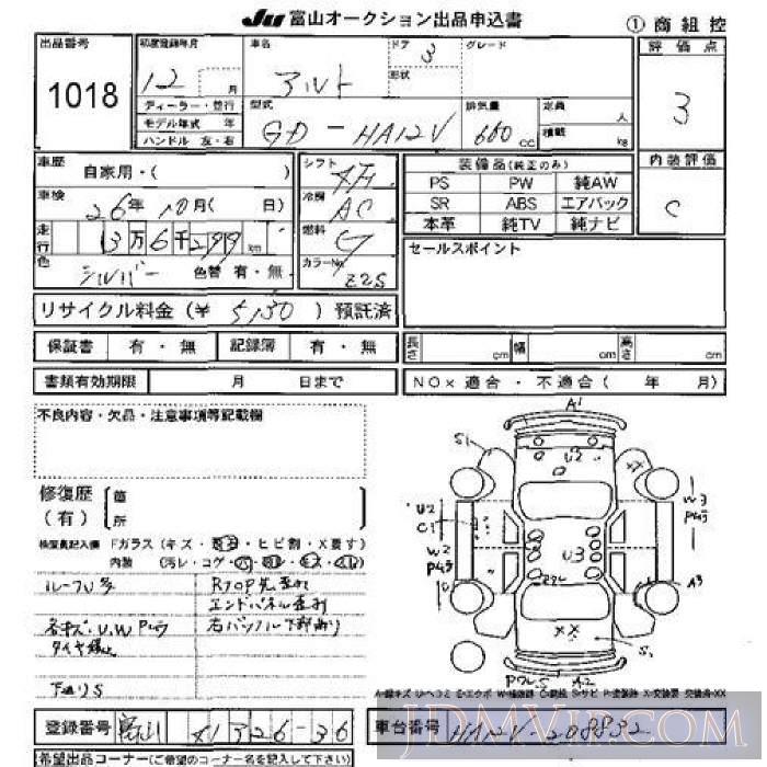 2000 SUZUKI ALTO  HA12V - 1018 - JU Toyama
