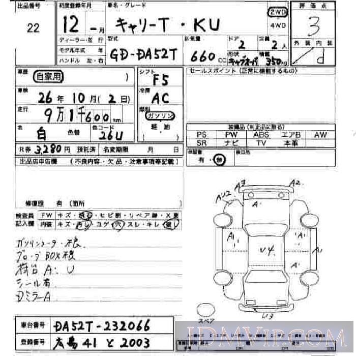 2000 SUZUKI CARRY TRUCK KU DA52T - 22 - JU Hiroshima