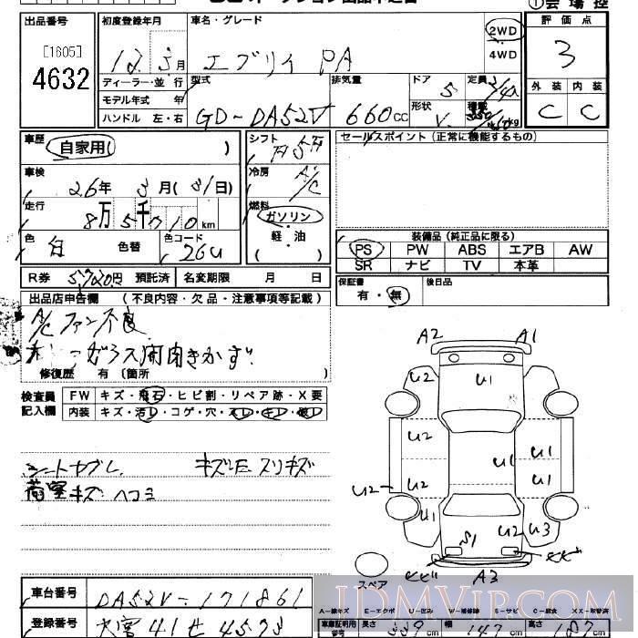 2000 SUZUKI EVERY PA DA52V - 4632 - JU Saitama