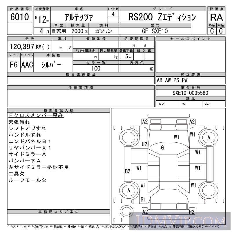 2000 TOYOTA ALTEZZA RS200_Z SXE10 - 6010 - CAA Gifu