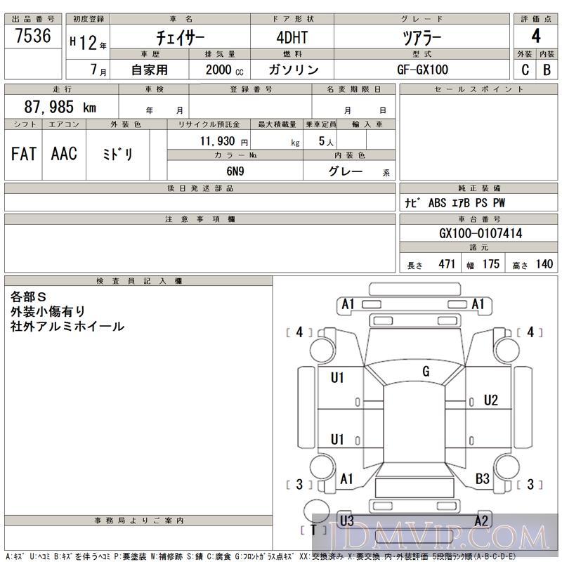 2000 TOYOTA CHASER  GX100 - 7536 - TAA Hiroshima