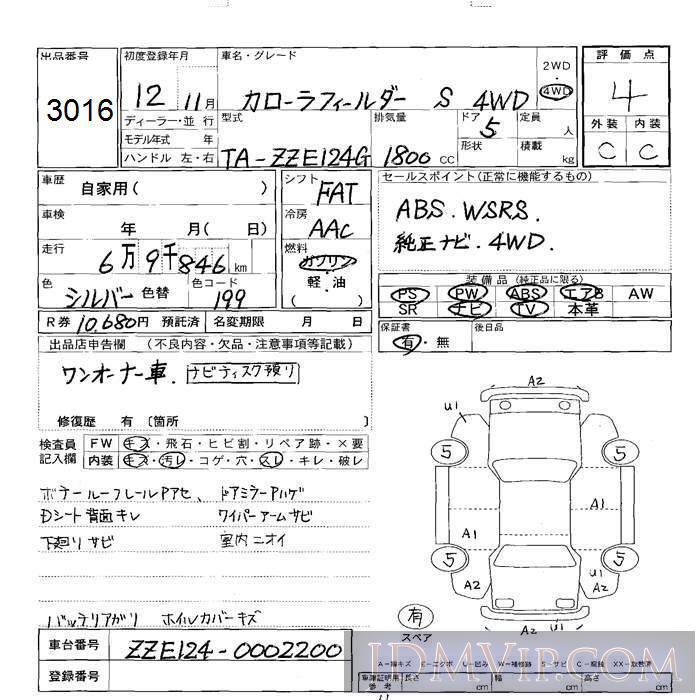 2000 TOYOTA COROLLA FIELDER 4WD_S ZZE124G - 3016 - JU Sapporo