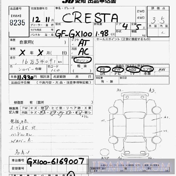 2000 TOYOTA CRESTA  GX100 - 8235 - JU Aichi