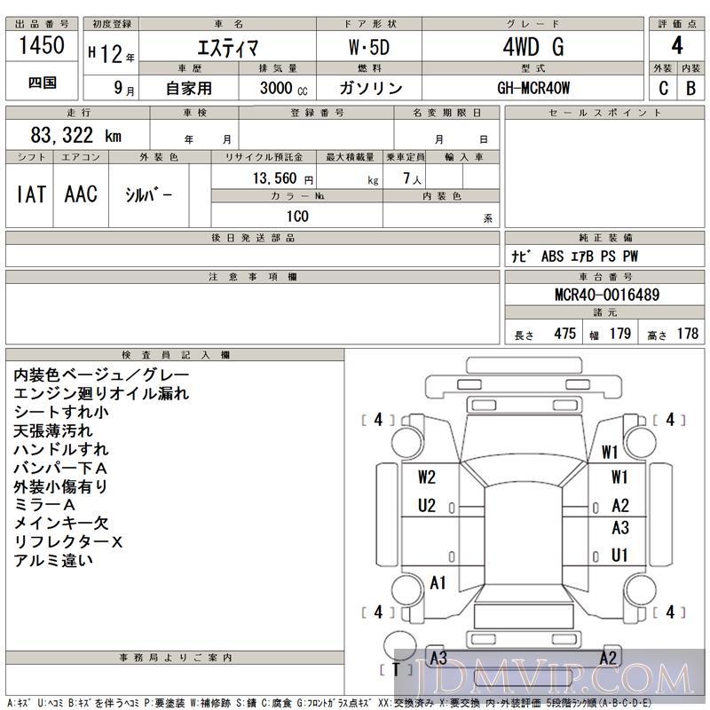 2000 TOYOTA ESTIMA 4WD_G MCR40W - 1450 - TAA Shikoku