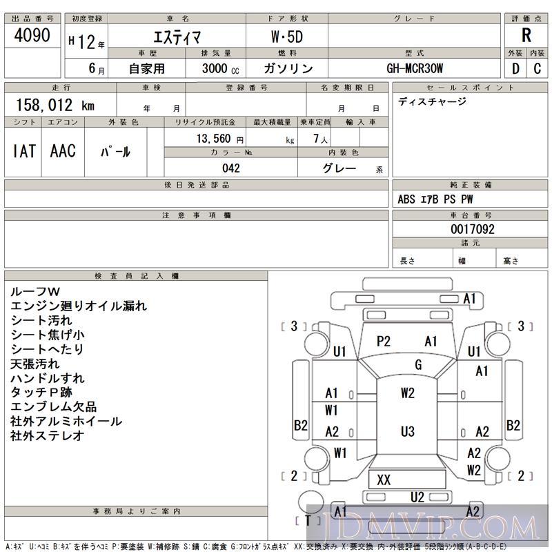 2000 TOYOTA ESTIMA  MCR30W - 4090 - TAA Kyushu