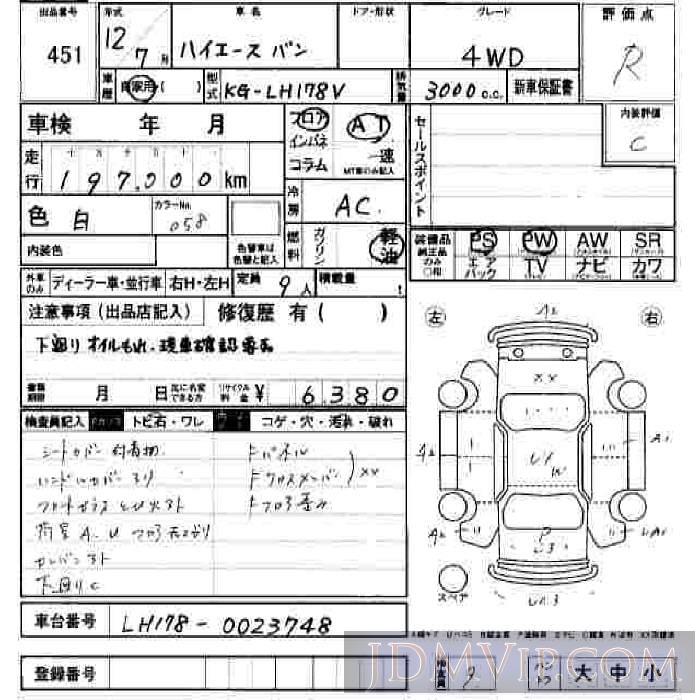 2000 TOYOTA HIACE VAN  LH178V - 451 - JU Hiroshima
