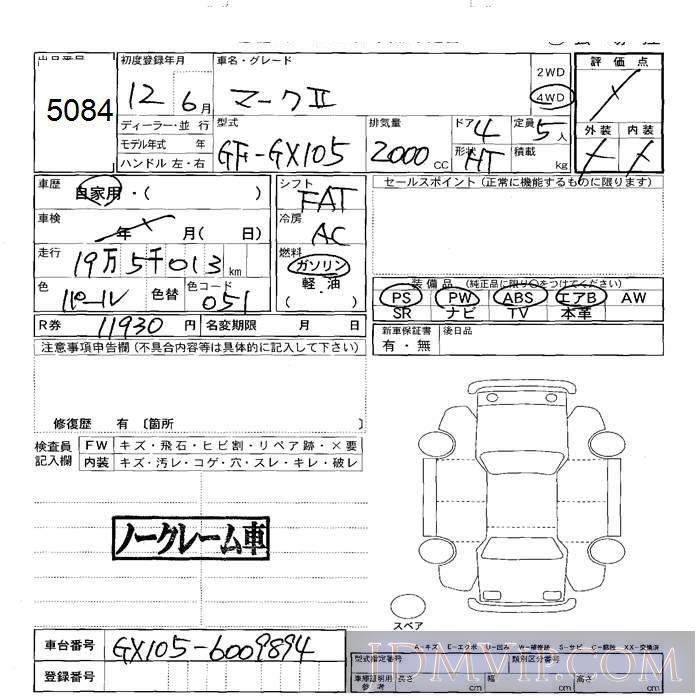 2000 TOYOTA MARK II 4WD GX105 - 5084 - JU Sapporo