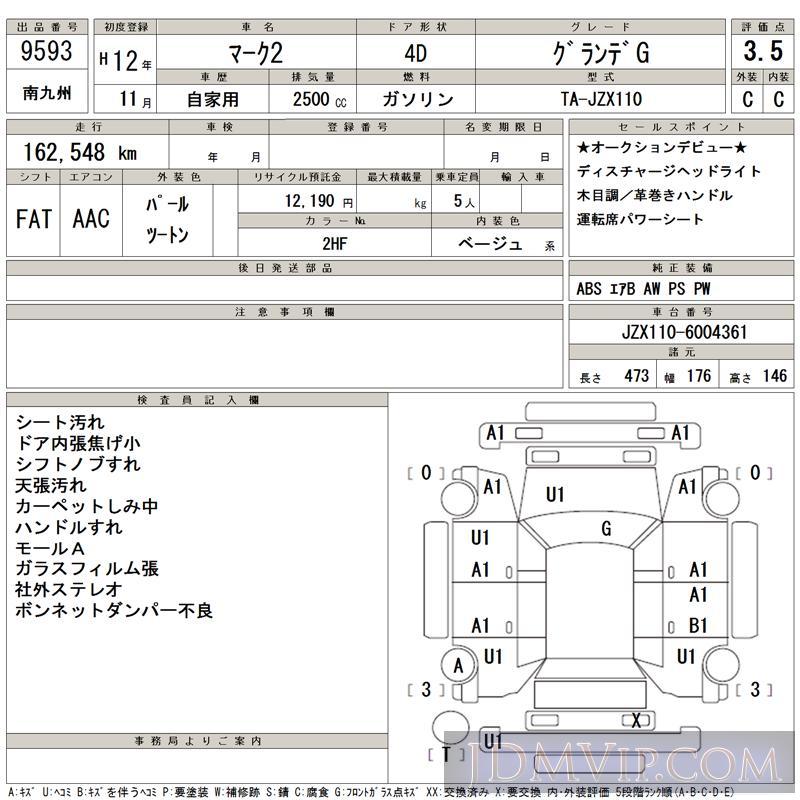 2000 TOYOTA MARK II G JZX110 - 9593 - TAA Minami Kyushu