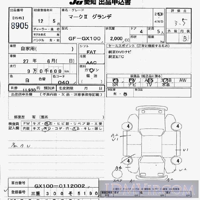 2000 TOYOTA MARK II  GX100 - 8905 - JU Aichi