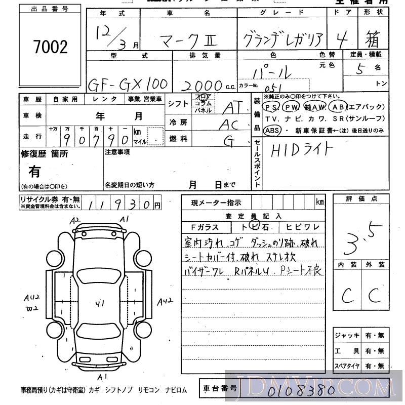 2000 TOYOTA MARK II _ GX100 - 7002 - KCAA Fukuoka