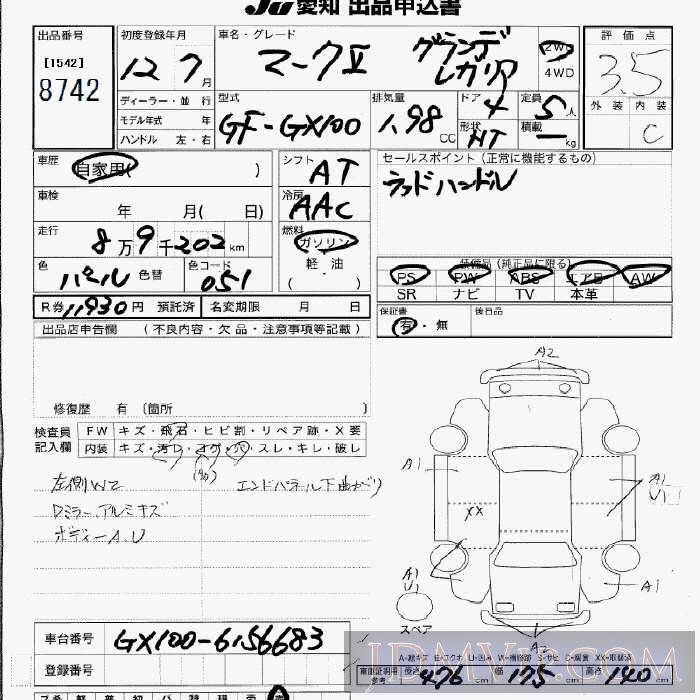 2000 TOYOTA MARK II _ GX100 - 8742 - JU Aichi