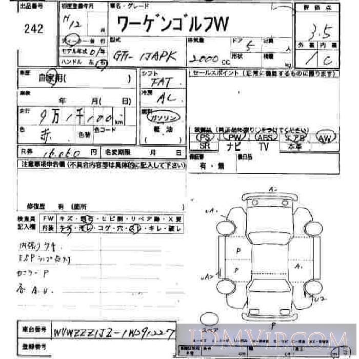 2000 VOLKSWAGEN VW GOLF WAGON  1JAPK - 242 - JU Hiroshima