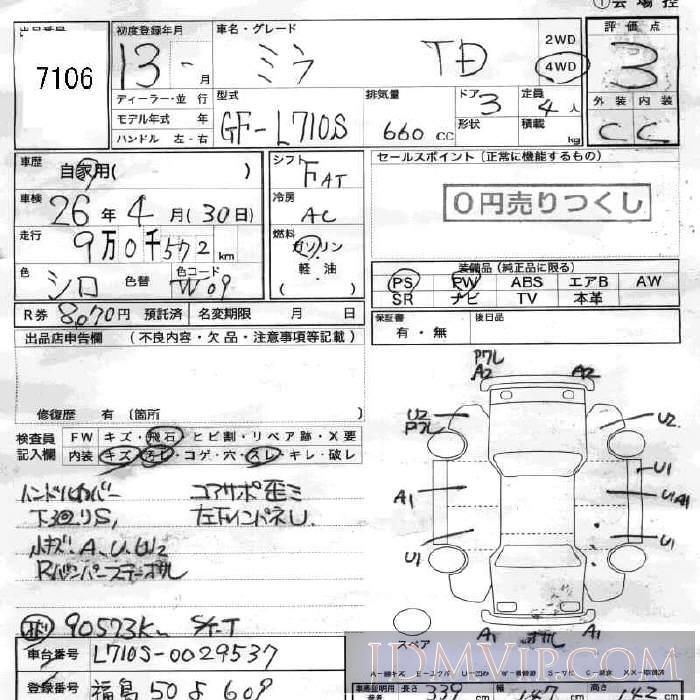 2001 DAIHATSU MIRA TD L710S - 7106 - JU Fukushima