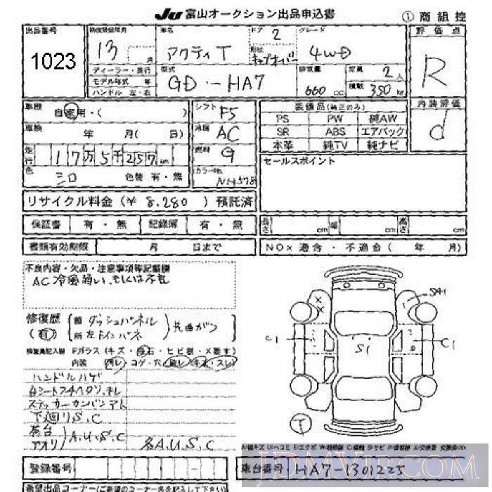 2001 HONDA ACTY TRUCK 4WD HA7 - 1023 - JU Toyama