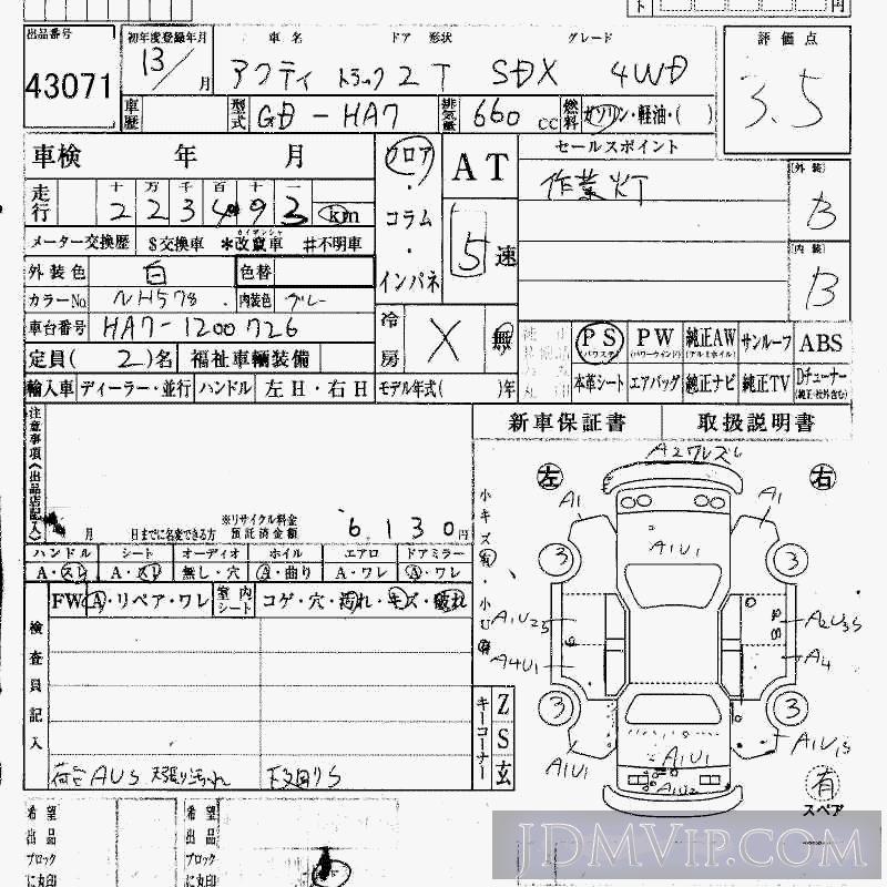 2001 HONDA ACTY TRUCK 4WD_SDX HA7 - 43071 - HAA Kobe