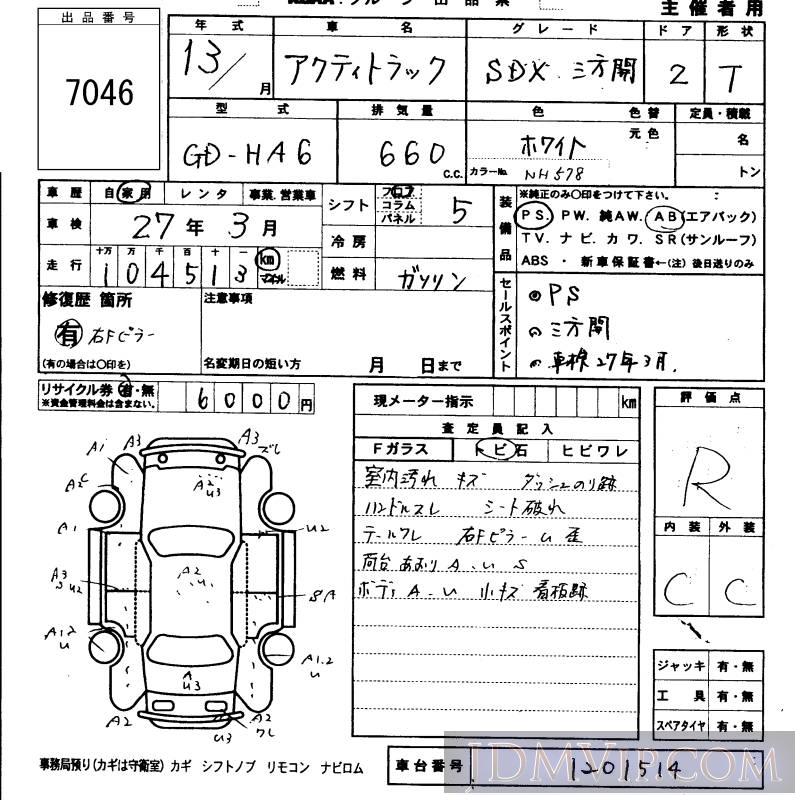 2001 HONDA ACTY TRUCK SDX_3 HA6 - 7046 - KCAA Fukuoka