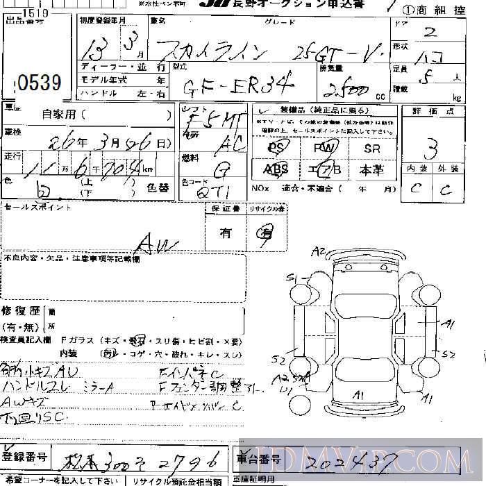 2001 NISSAN SKYLINE 25GT-V ER34 - 539 - JU Nagano