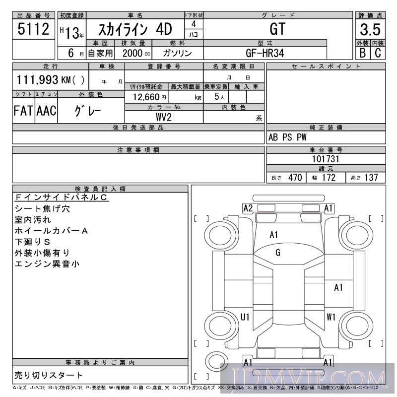 2001 NISSAN SKYLINE GT HR34 - 5112 - CAA Tohoku