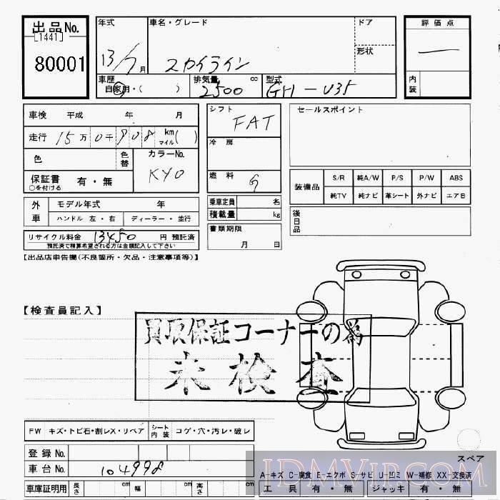 2001 NISSAN SKYLINE  V35 - 80001 - JU Gifu