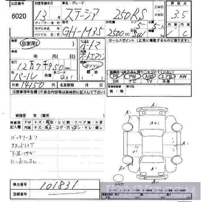 2001 NISSAN STAGEA 250RS M35 - 6020 - JU Hiroshima