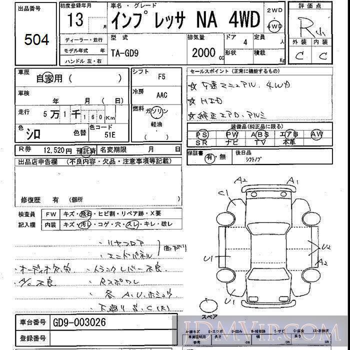 2001 SUBARU IMPREZA NA_4WD GD9 - 504 - JU Shizuoka