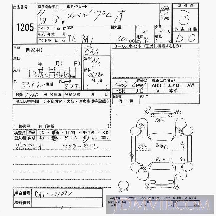 2001 SUBARU PLEO 2WD RA1 - 1205 - JU Yamaguchi