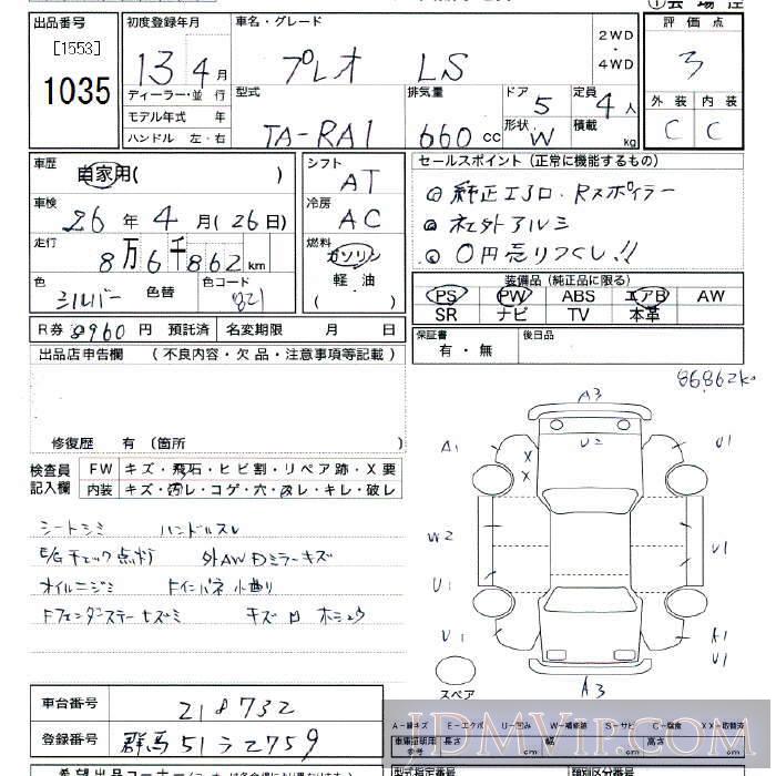 2001 SUBARU PLEO LS RA1 - 1035 - JU Tokyo