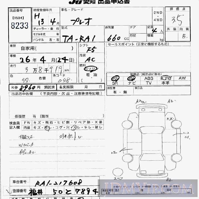 2001 SUBARU PLEO  RA1 - 8233 - JU Aichi