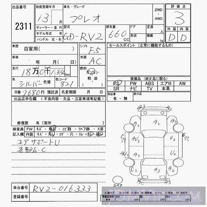 2001 SUBARU PLEO  RV2 - 2311 - JU Yamaguchi