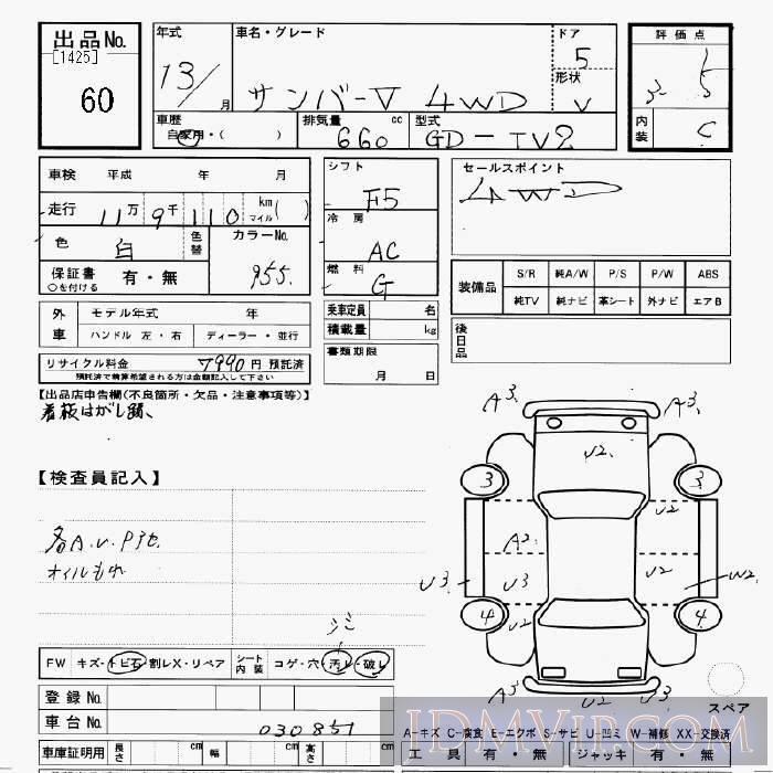 2001 SUBARU SAMBAR 4WD TV2 - 60 - JU Gifu
