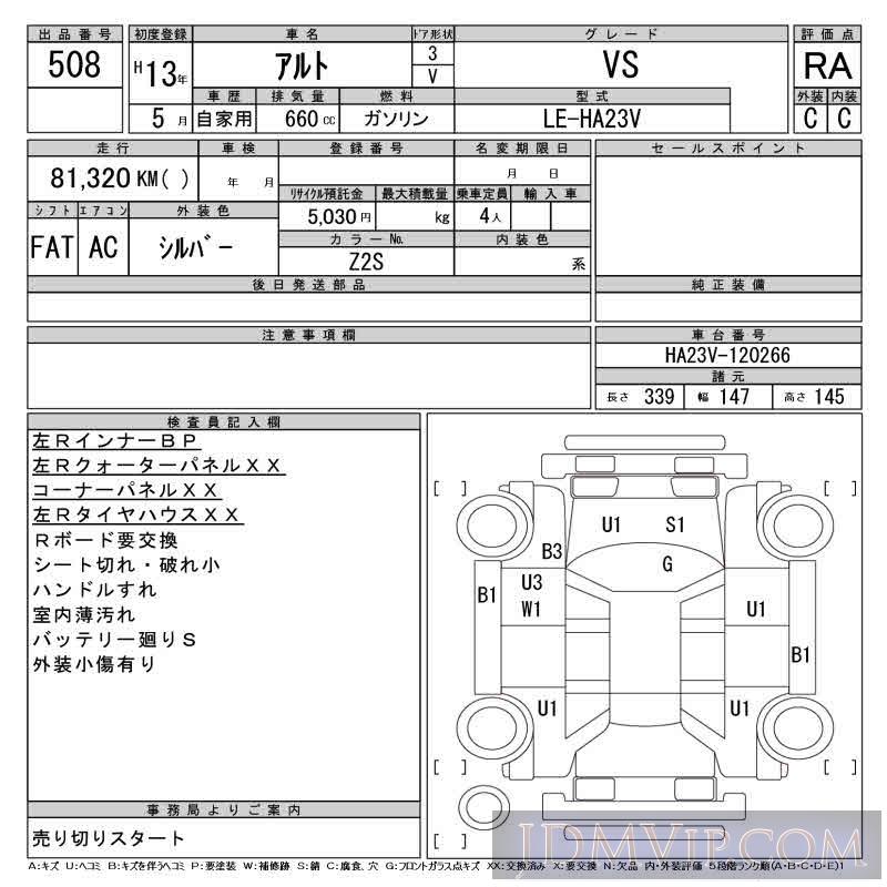 2001 SUZUKI ALTO VS HA23V - 508 - CAA Tokyo