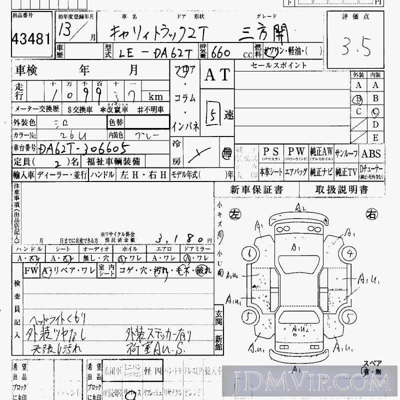2001 SUZUKI CARRY TRUCK 3 DA62T - 43481 - HAA Kobe
