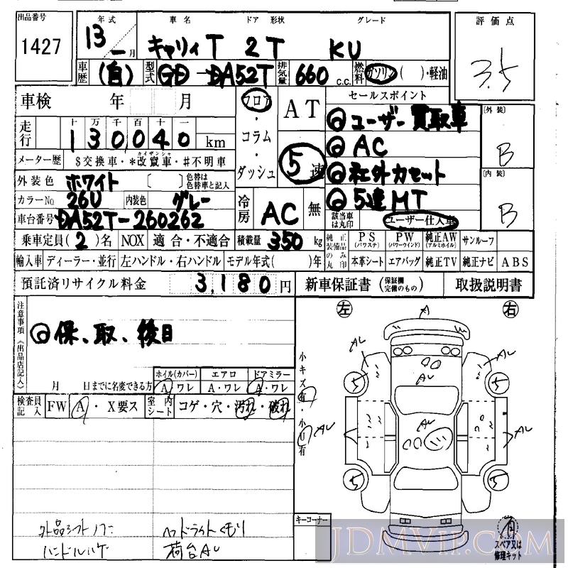 2001 SUZUKI CARRY TRUCK KU DA52T - 1427 - IAA Osaka