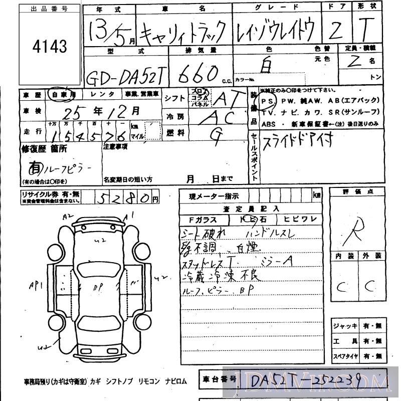 2001 SUZUKI CARRY TRUCK  DA52T - 4143 - KCAA Fukuoka