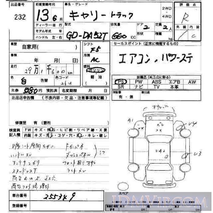 2001 SUZUKI CARRY TRUCK  DA52T - 232 - JU Hiroshima