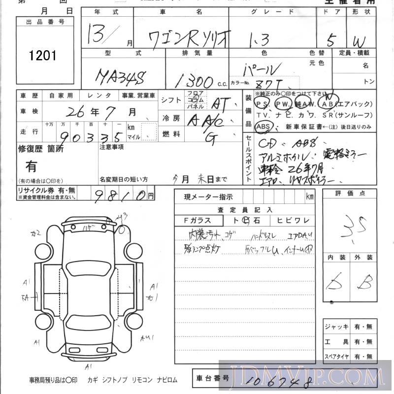 2001 SUZUKI WAGON R 1.3 MA34S - 1201 - KCAA Ebino