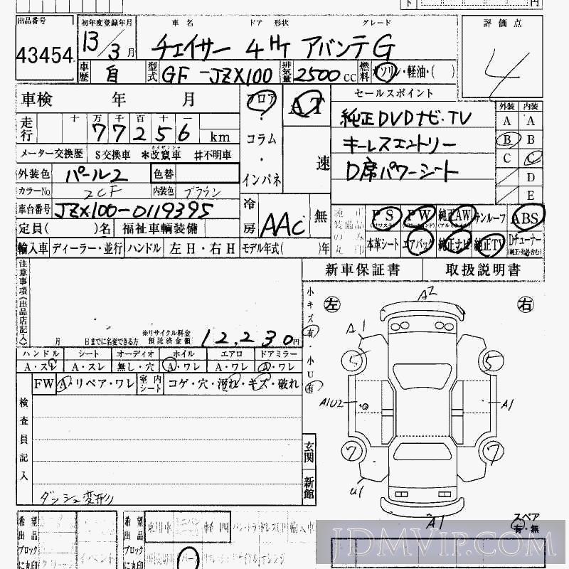 2001 TOYOTA CHASER G JZX100 - 43454 - HAA Kobe