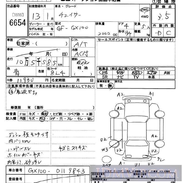 2001 TOYOTA CHASER  GX100 - 6654 - JU Saitama