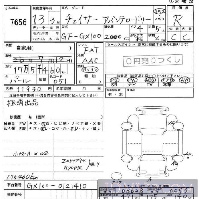 2001 TOYOTA CHASER  GX100 - 7656 - JU Fukushima