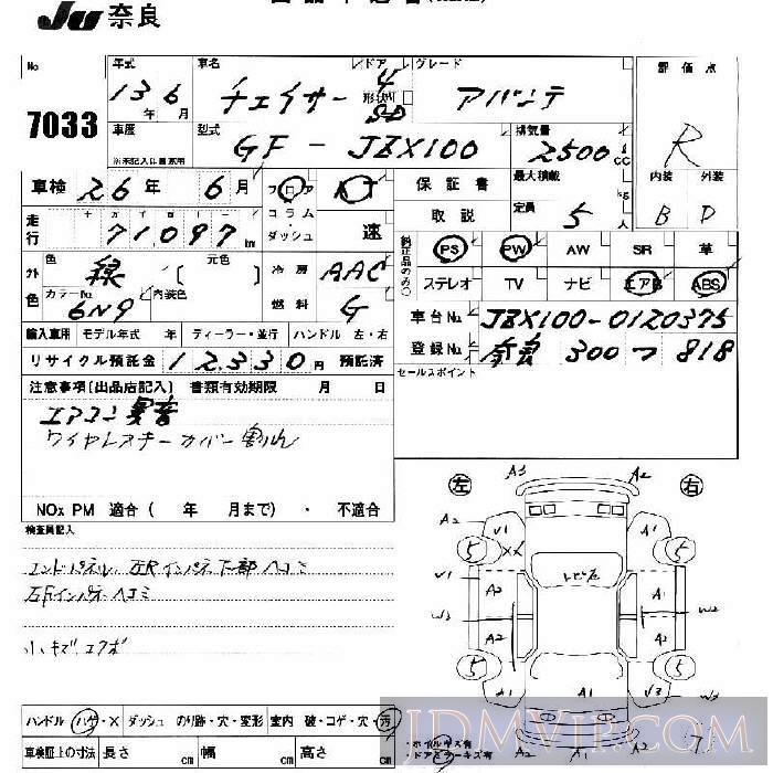 2001 TOYOTA CHASER  JZX100 - 7033 - JU Nara