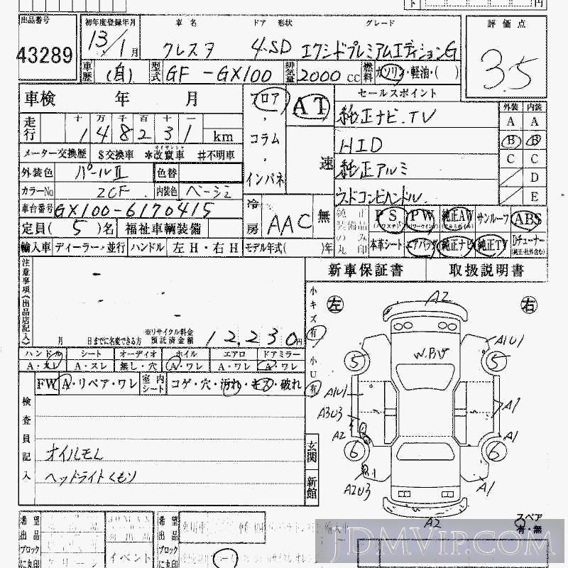 2001 TOYOTA CRESTA _ED-G GX100 - 43289 - HAA Kobe