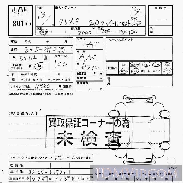2001 TOYOTA CRESTA  GX100 - 80177 - JU Gifu