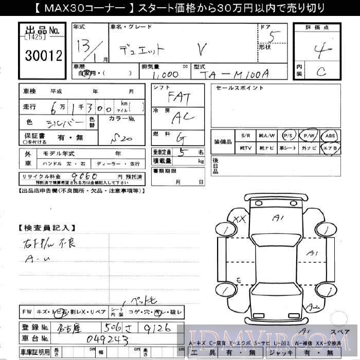 2001 TOYOTA DUET V M100A - 30012 - JU Gifu