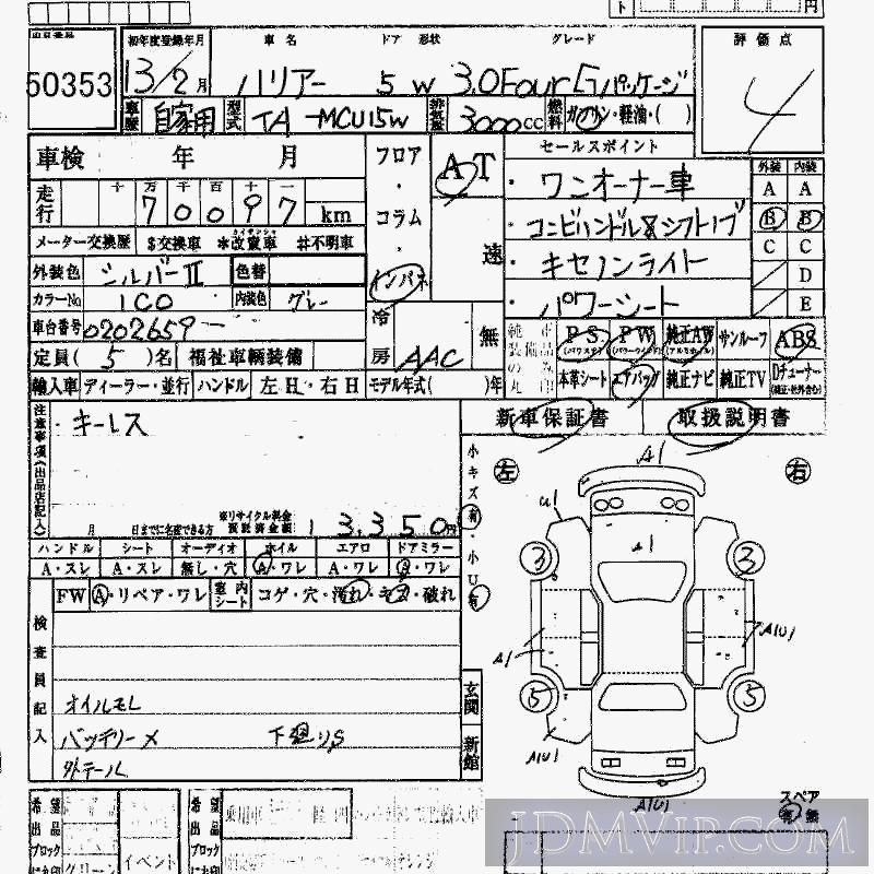 2001 TOYOTA HARRIER 3.0_FOUR_G MCU15W - 50353 - HAA Kobe