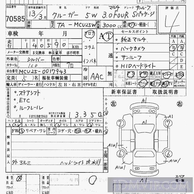 2001 TOYOTA KLUGER 3.0FOURSSR MCU25W - 70585 - HAA Kobe