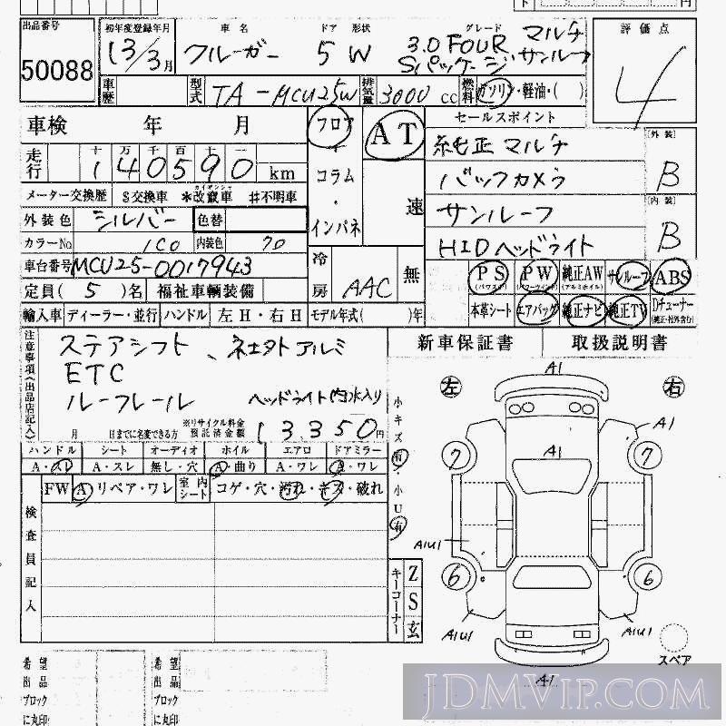2001 TOYOTA KLUGER 3.0FOURSSR MCU25W - 50088 - HAA Kobe