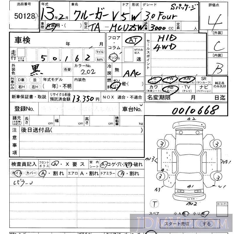 2001 TOYOTA KLUGER 3.0FOUR_S MCU25W - 50128 - LAA Kansai