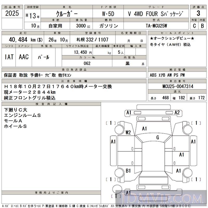 2001 TOYOTA KLUGER V_4WD_FOUR_S MCU25W - 2025 - TAA Hokkaido