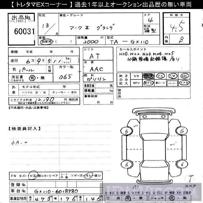 2001 TOYOTA MARK II  GX110 - 60031 - JU Gifu