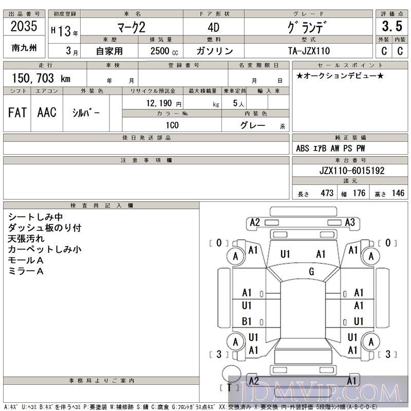 2001 TOYOTA MARK II  JZX110 - 2035 - TAA Minami Kyushu